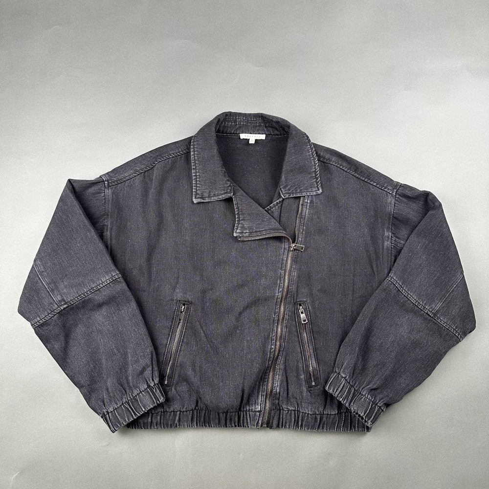 Baevely Moto Denim Jacket Womens Medium Black Asymmetric Zip Elastic Hem BJ1158